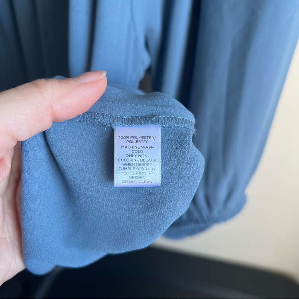 Loft Blue Gray Lace Crochet Front Bib Long Sleeve Blouse - Picture 6 of 6